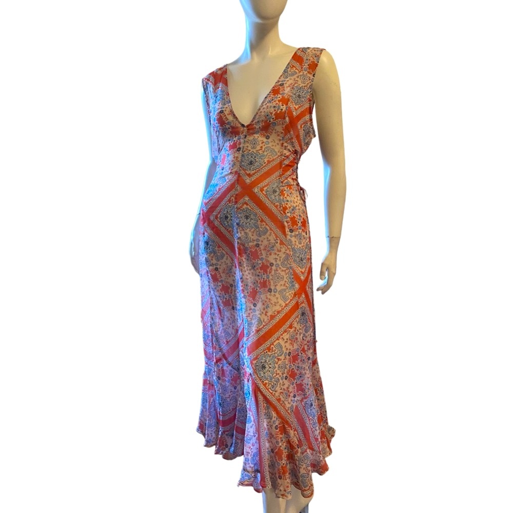 Gorgeous Sheer Sleeveless Printed Lace Up Detail Dress *missing slip* One Size